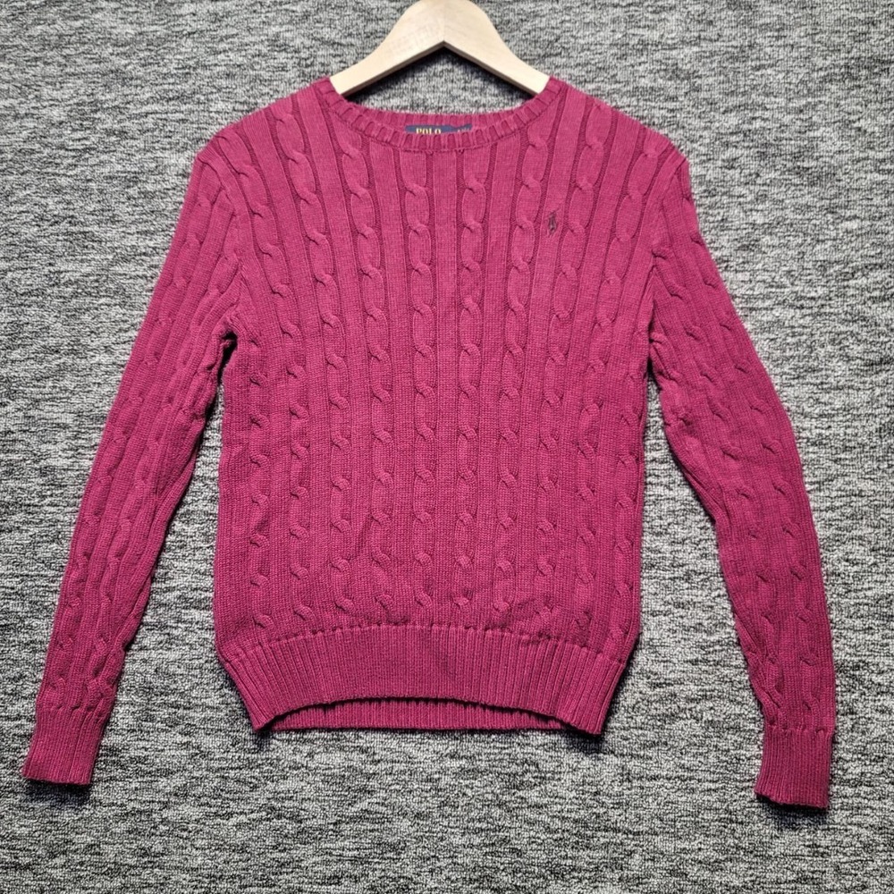 Polo Ralph Lauren Cable Knit Sweater Small Magenta Berry Pink Crewneck Knitwear